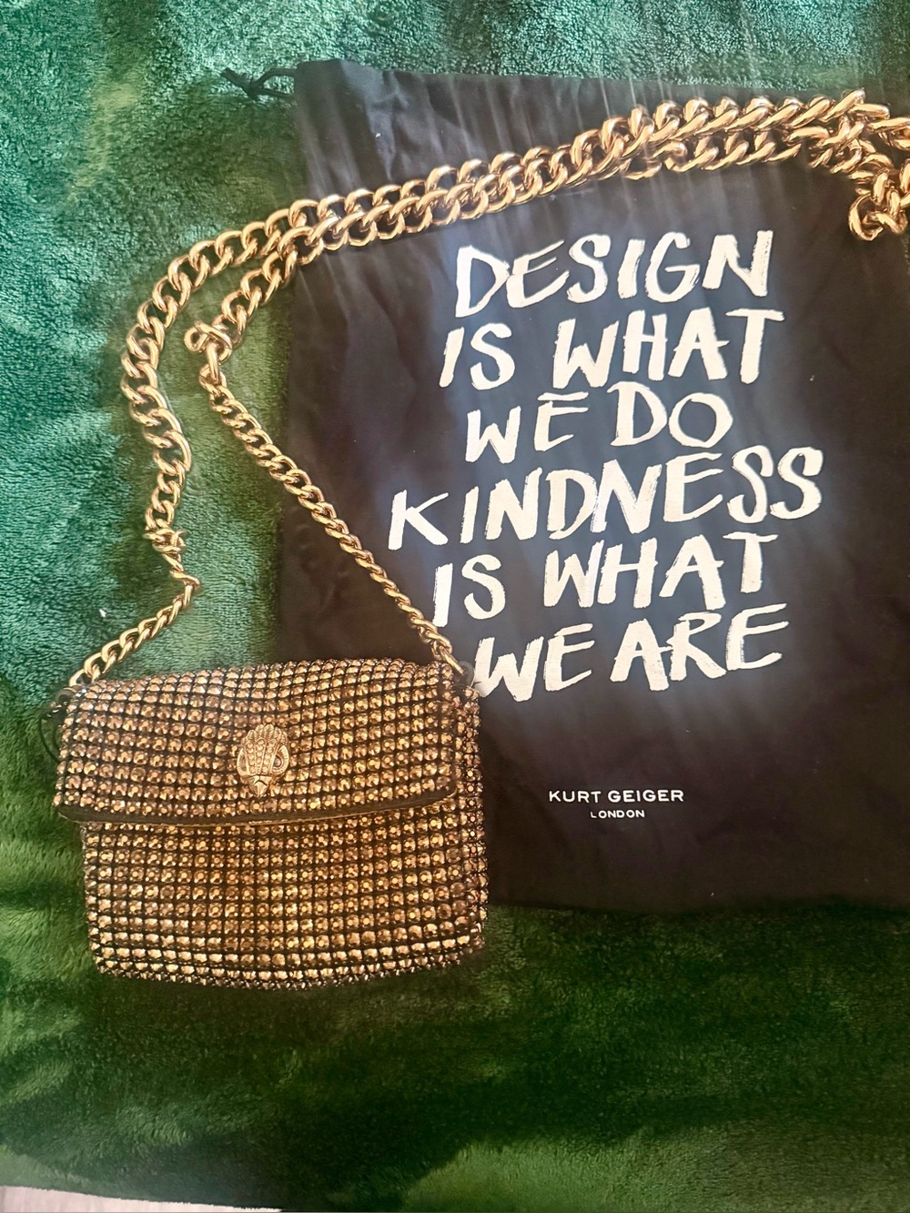 Kurt Geiger Gold Crystal-Embellished Crossbody with Chain Strap